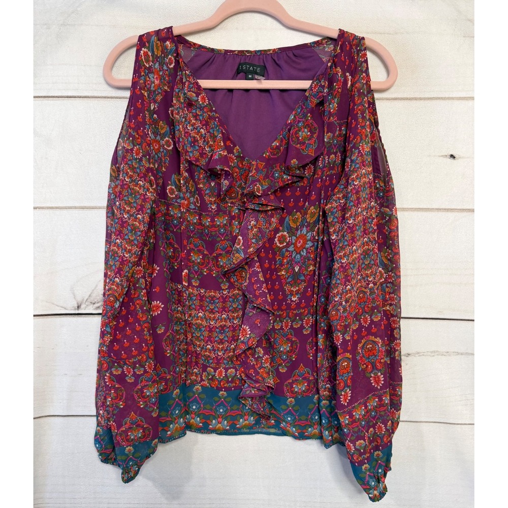 1.STATE‎ Purple Floral Paisley Cold Shoulder Ruffle Blouse Womens Medium M